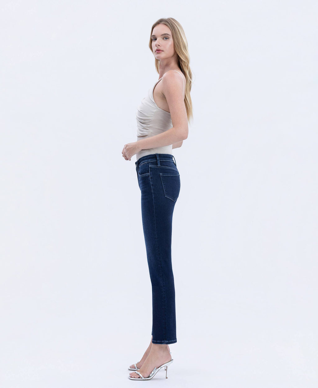 MID RISE DARK WASH ANKLE SLIM STRAIGHT JEANS T6998