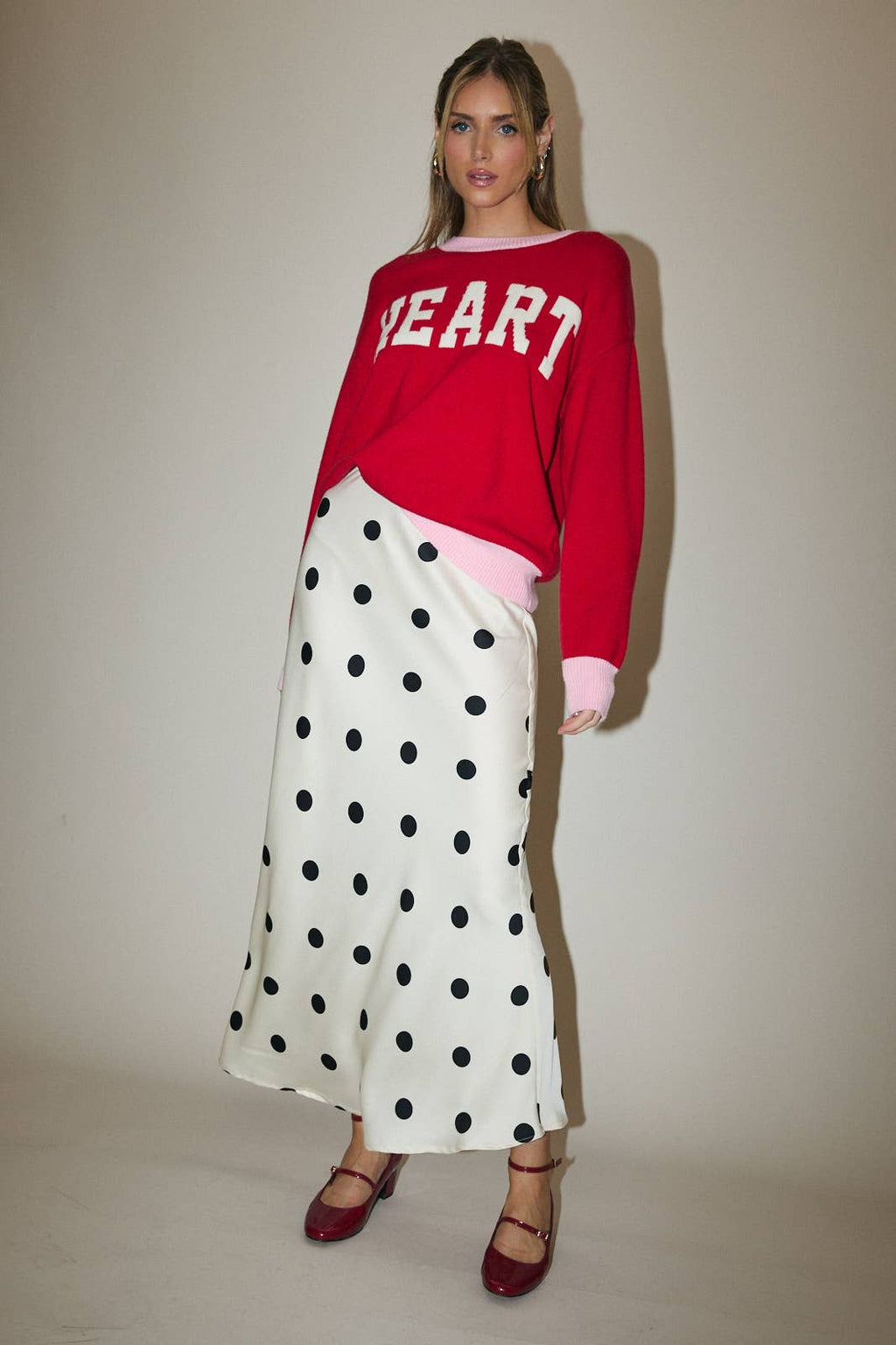 SATIN MIDI SKIRT WITH ELASTIC WAIST IN POLKA DOT