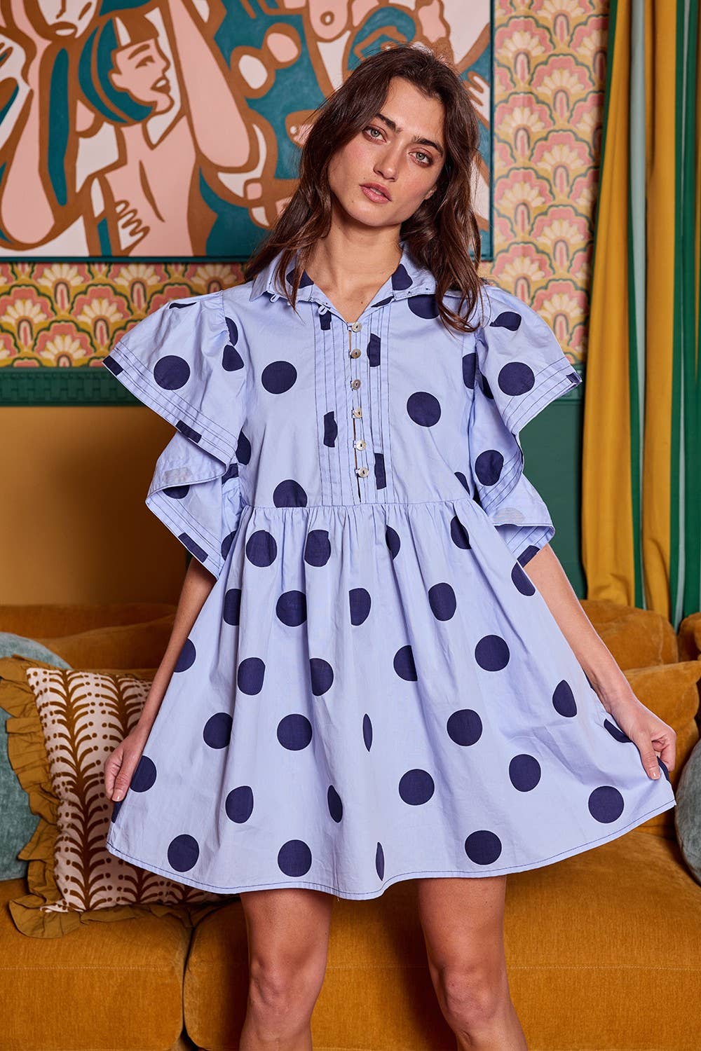 ID4283 Ruffle Sleeve Pintuck Detail Polka Dot Mini Dress