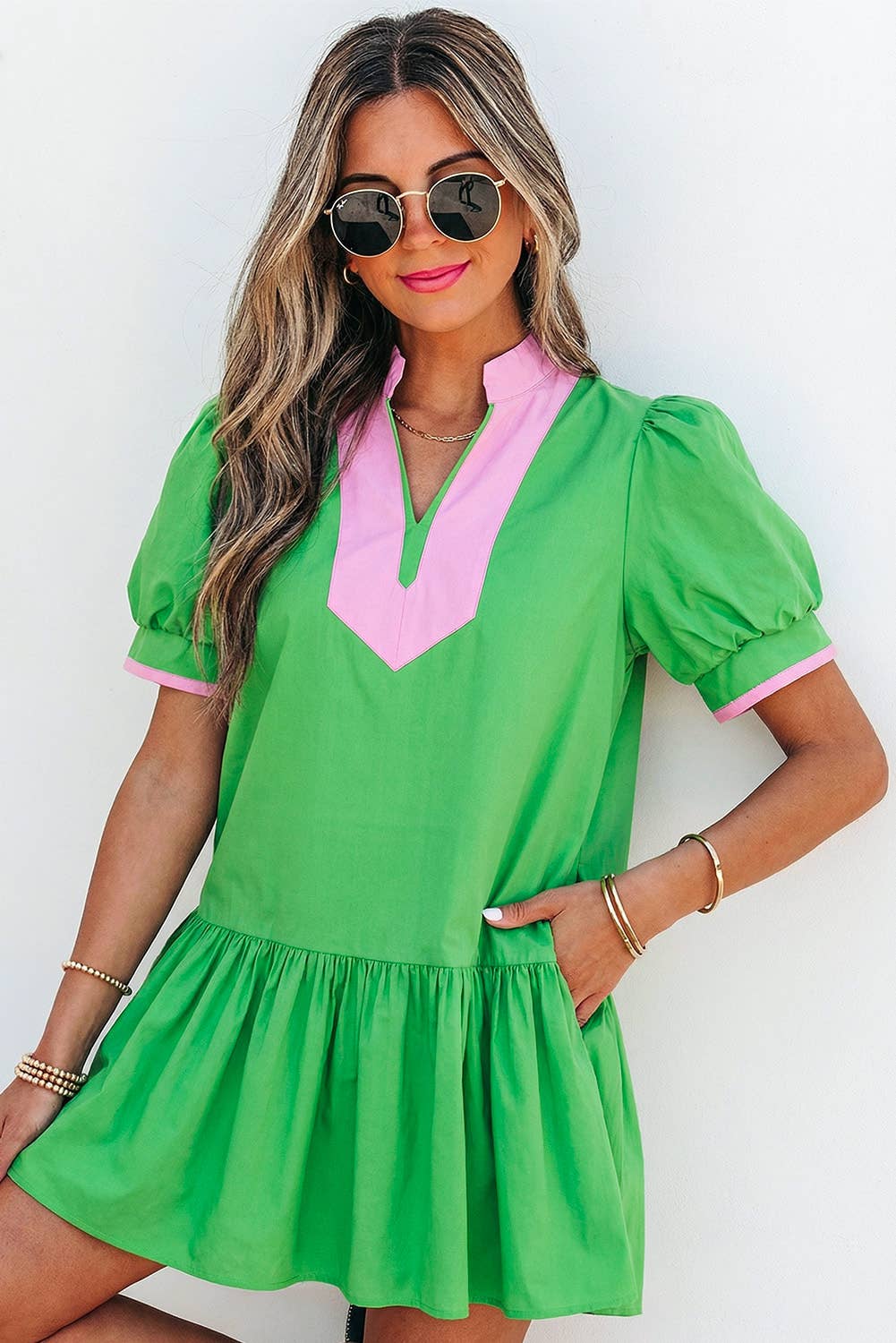 Colorblock V Neck Short Puff Sleeve Mini Dress | S-XL