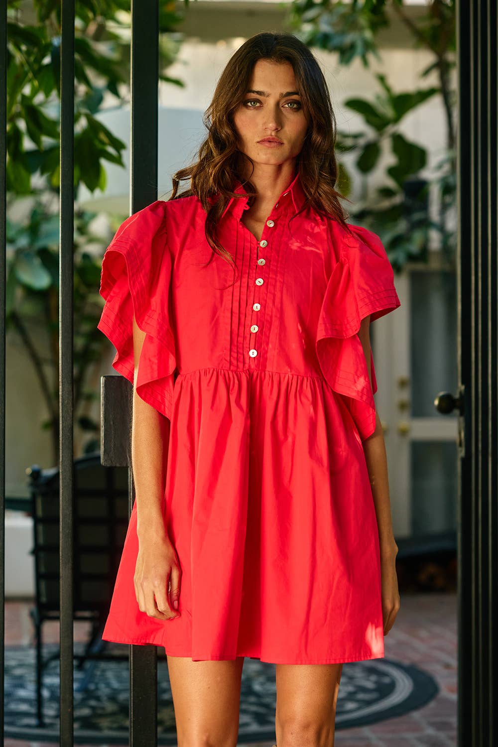 ID4283E Ruffled Sleeve Pintuck Solid Mini Dress