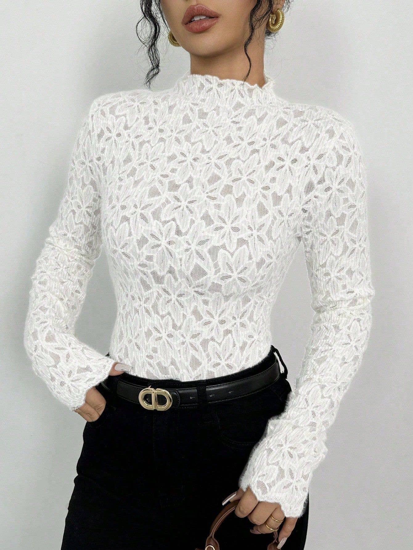 Mock-neck fit semi through lace blouse floral lace t-shirt