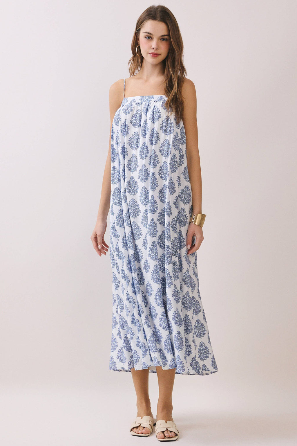 CD06741-Printed Flowy Silhouette Side Pockets Maxi Dress