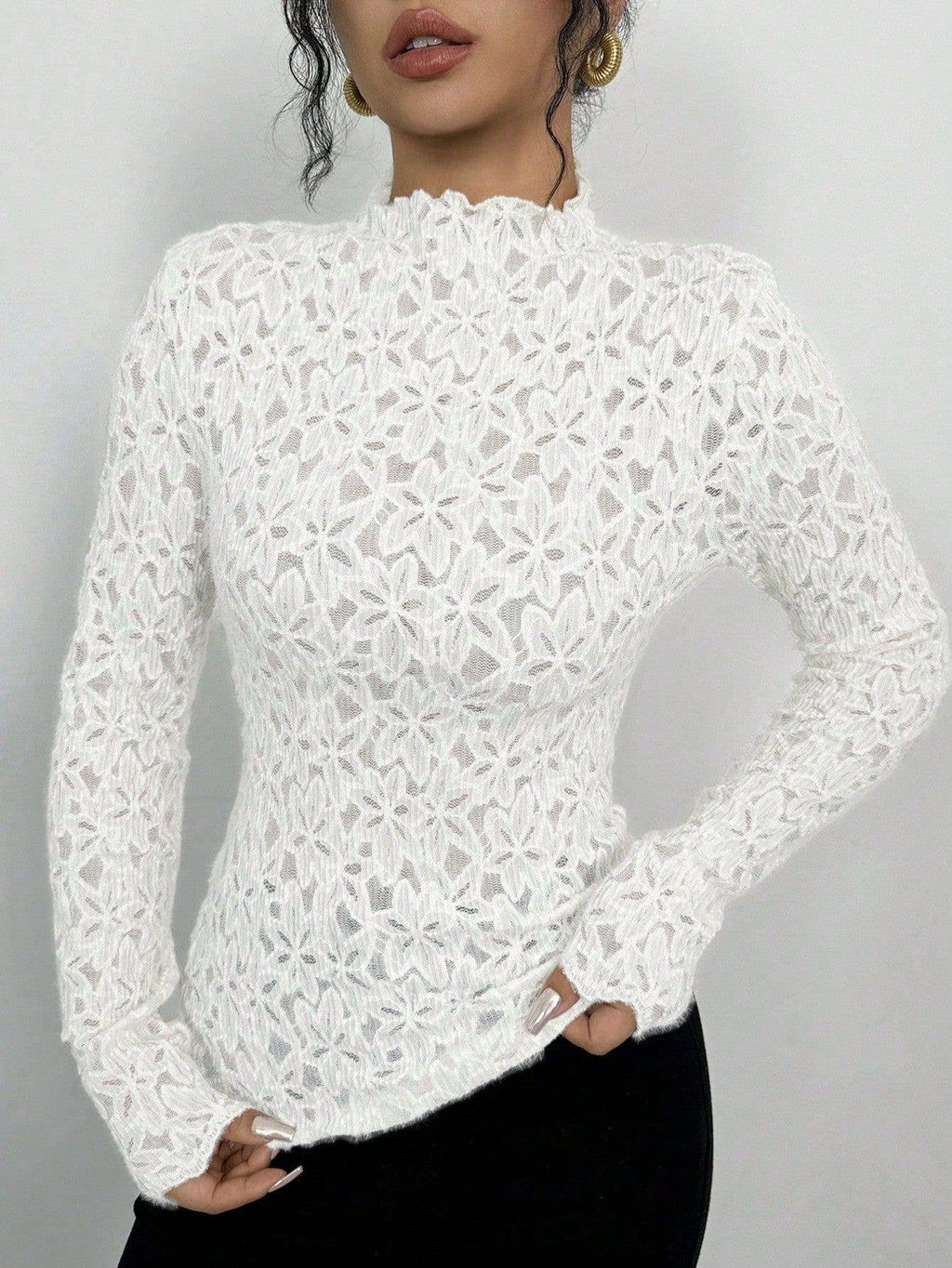 Mock-neck fit semi through lace blouse floral lace t-shirt
