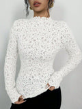 Mock-neck fit semi through lace blouse floral lace t-shirt