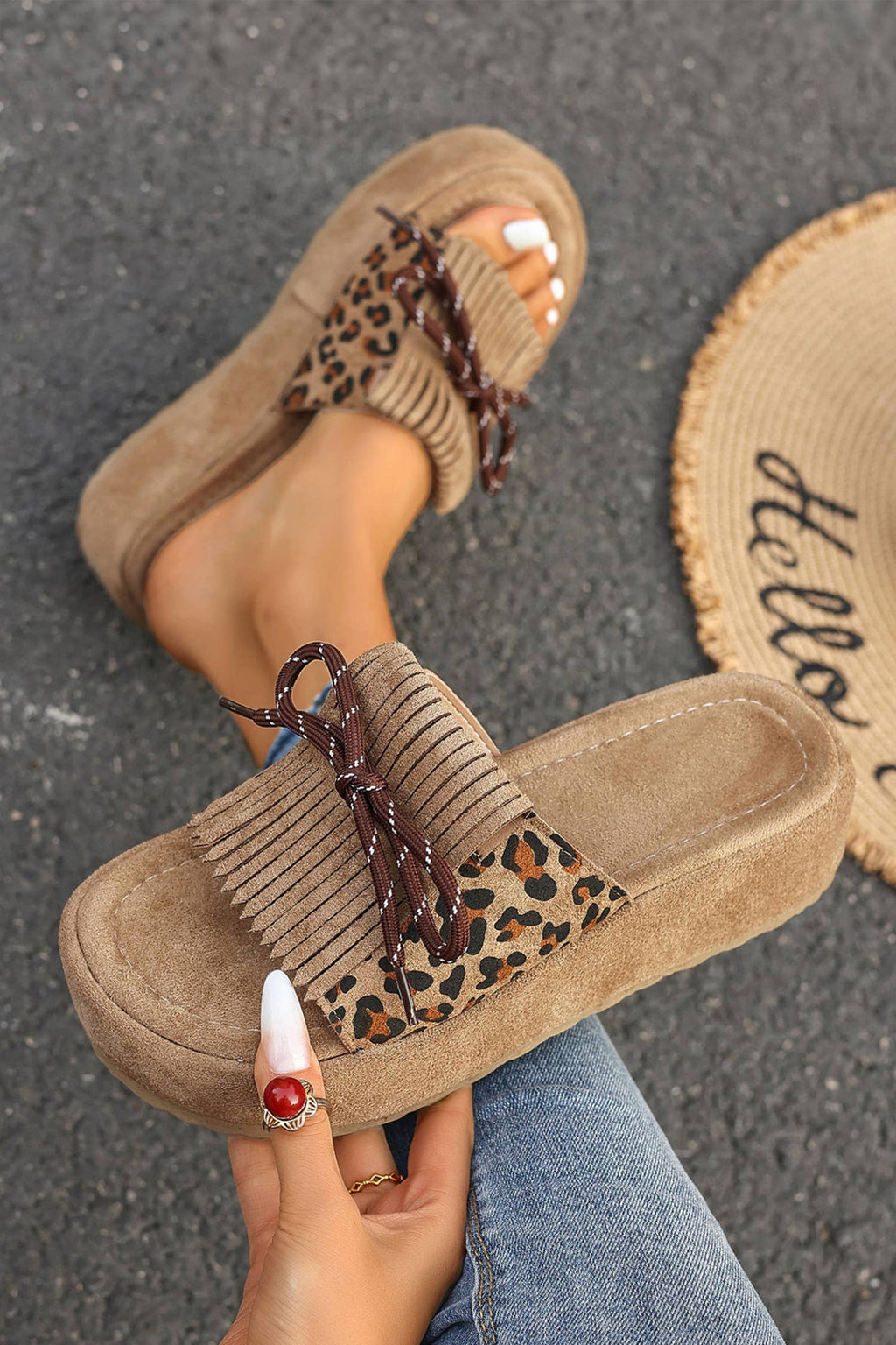 Leopard Faux Suede Lace-up Detail Platform Slippers | US6-10