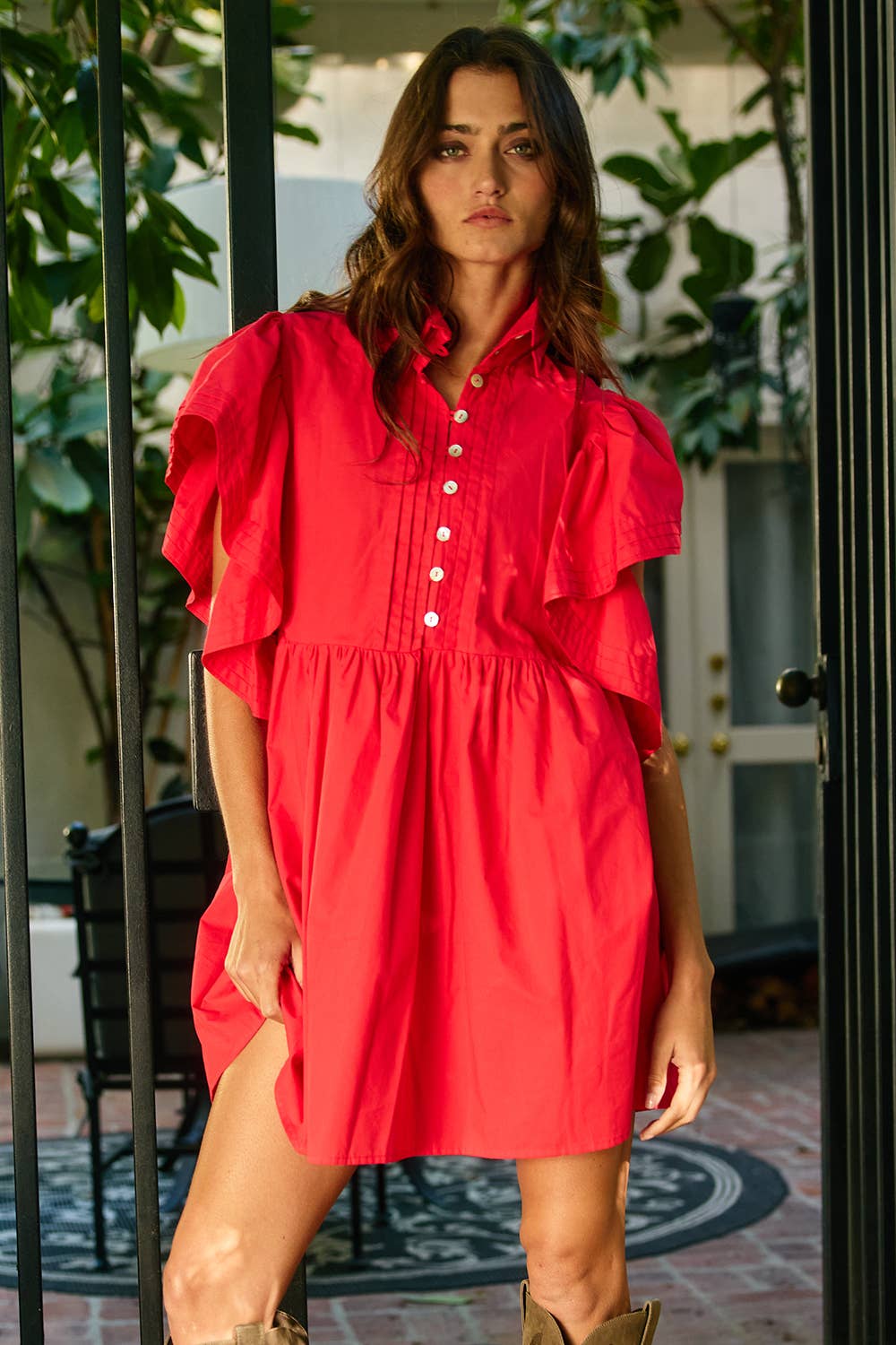 ID4283E Ruffled Sleeve Pintuck Solid Mini Dress