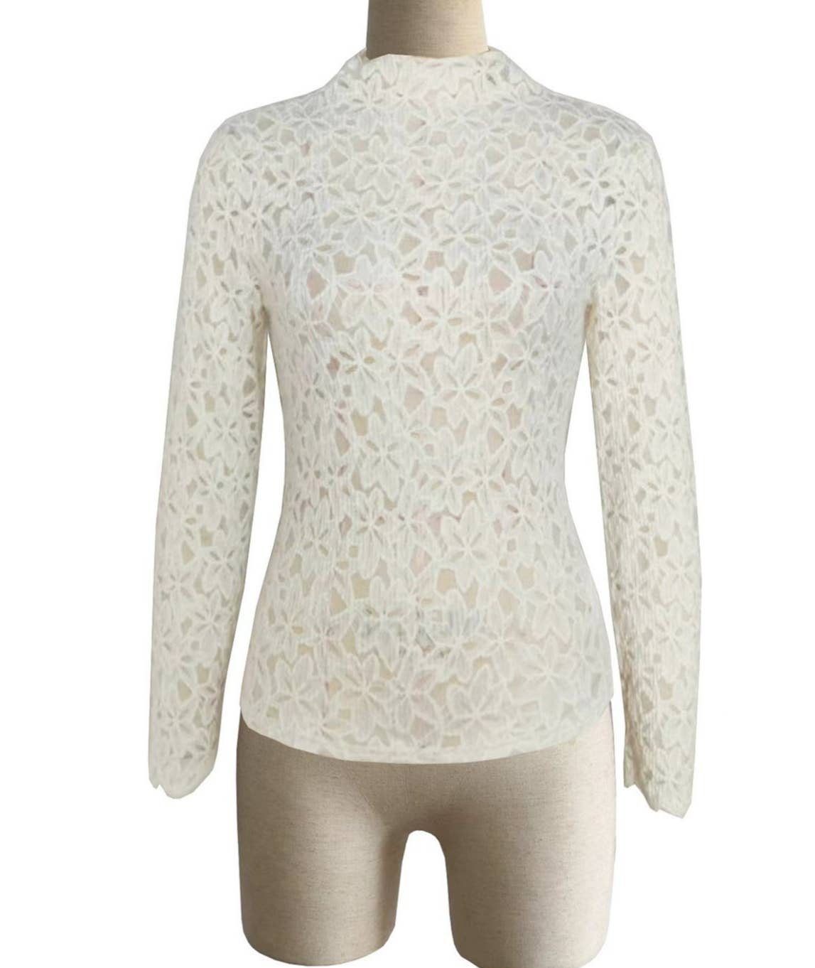 Mock-neck fit semi through lace blouse floral lace t-shirt