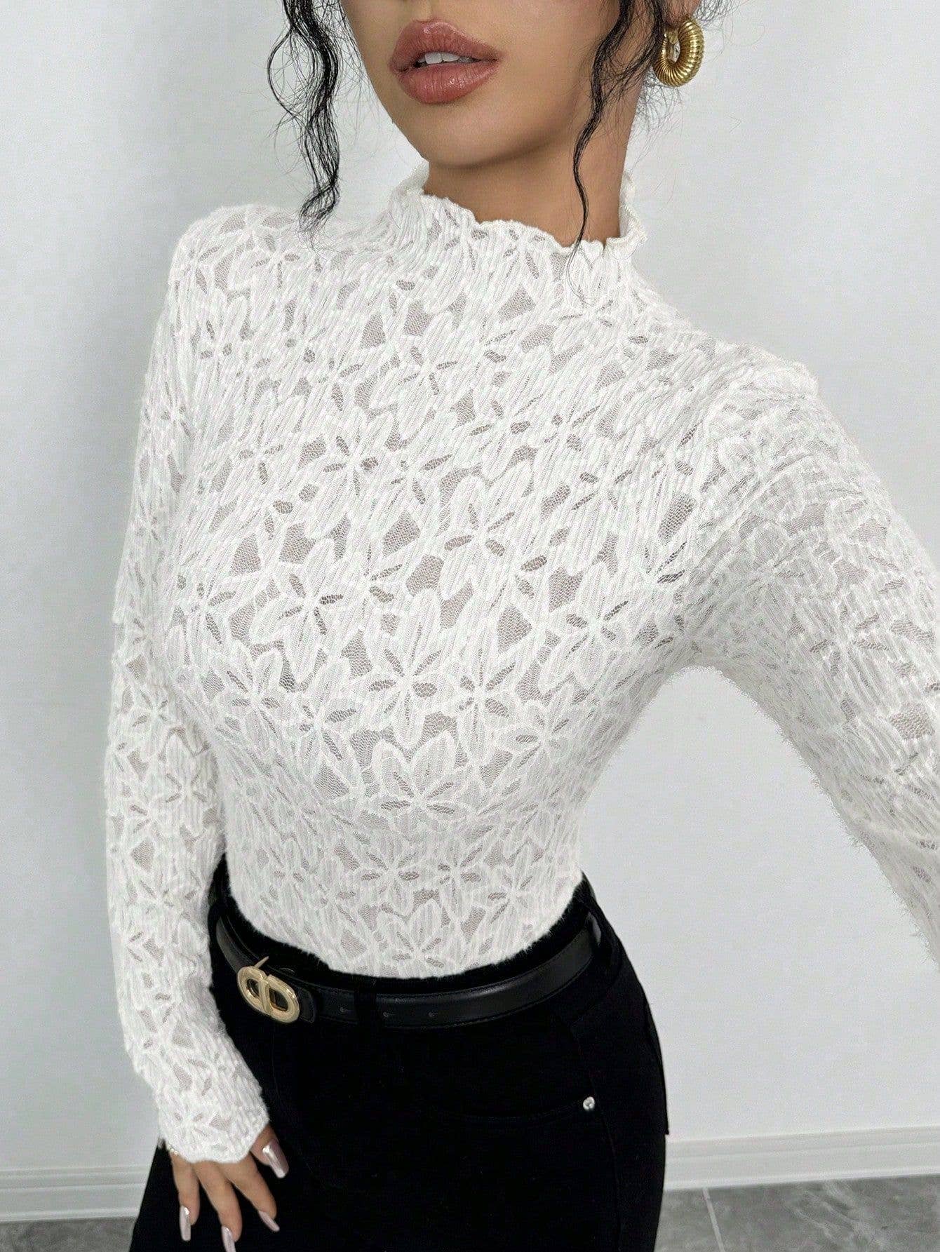 Mock-neck fit semi through lace blouse floral lace t-shirt