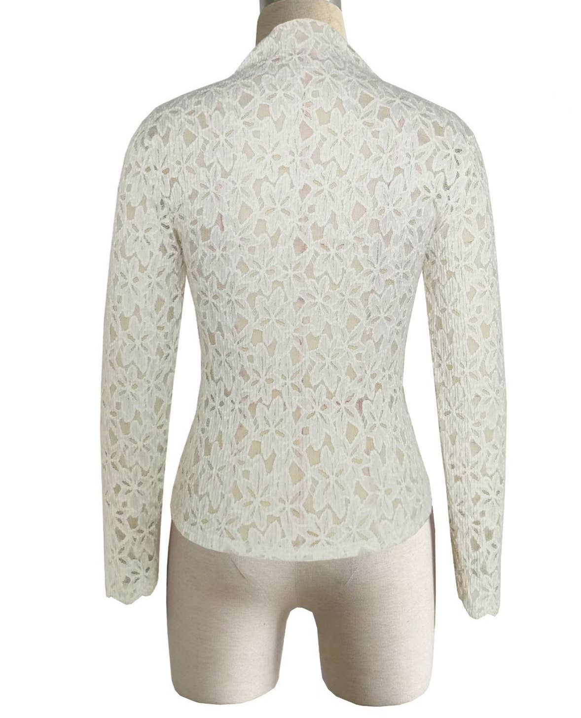 Mock-neck fit semi through lace blouse floral lace t-shirt