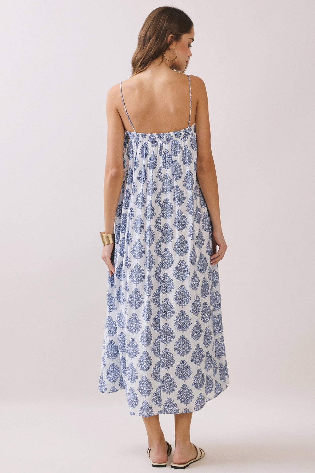CD06741-Printed Flowy Silhouette Side Pockets Maxi Dress