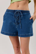 DENIM LACE-UP SHORTS W. ELASTIC WAISTBAND