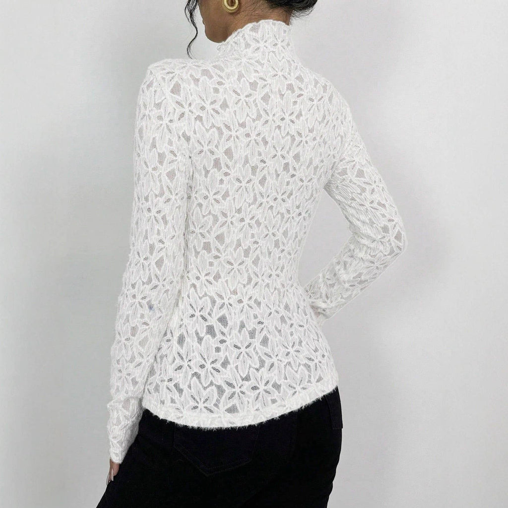 Mock-neck fit semi through lace blouse floral lace t-shirt