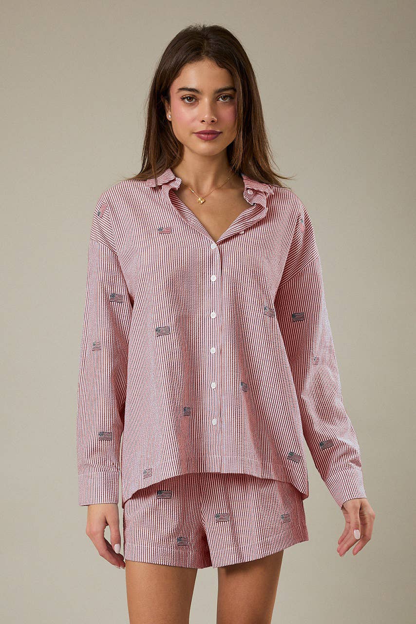 STRIPE FLAG EMBRO OVERSIZED BUTTON DOWN SHIRT