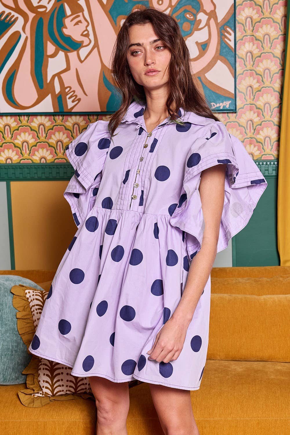 ID4283 Ruffle Sleeve Pintuck Detail Polka Dot Mini Dress