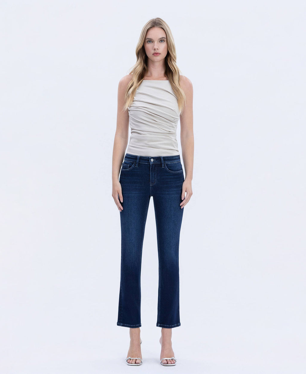MID RISE DARK WASH ANKLE SLIM STRAIGHT JEANS T6998