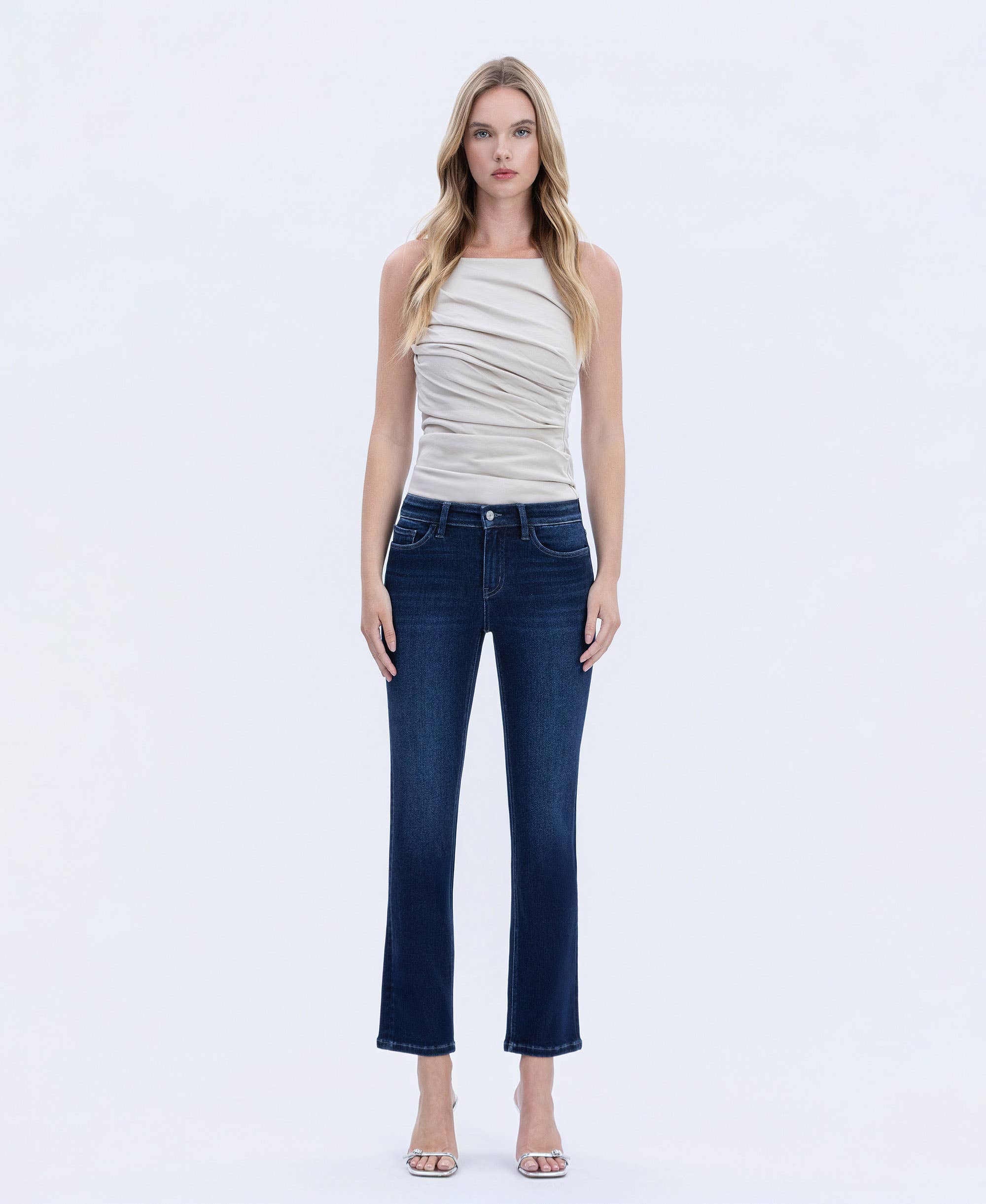 MID RISE DARK WASH ANKLE SLIM STRAIGHT JEANS T6998
