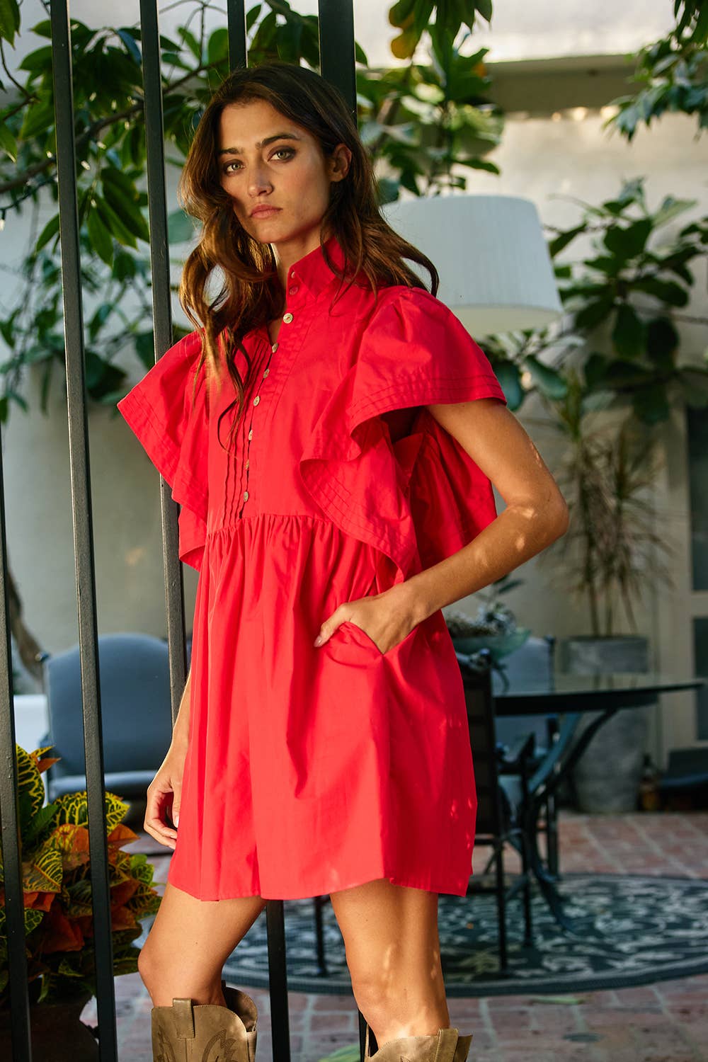 ID4283E Ruffled Sleeve Pintuck Solid Mini Dress