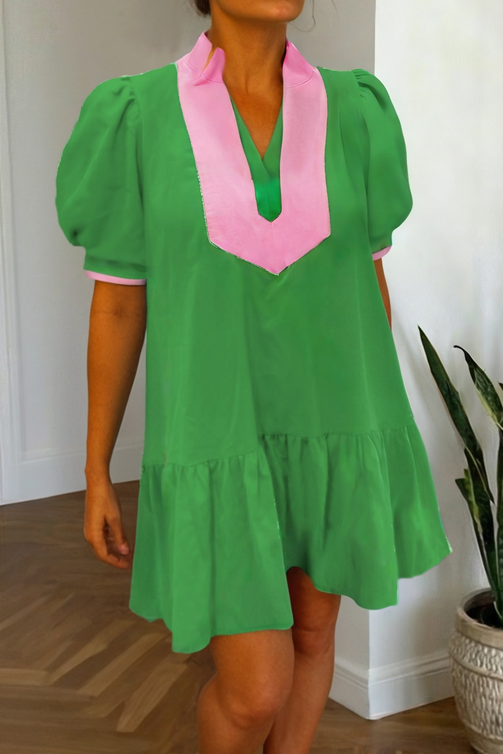 Colorblock V Neck Short Puff Sleeve Mini Dress | S-XL