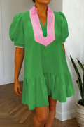 Colorblock V Neck Short Puff Sleeve Mini Dress | S-XL
