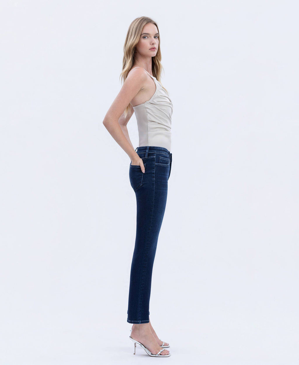 MID RISE DARK WASH ANKLE SLIM STRAIGHT JEANS T6998