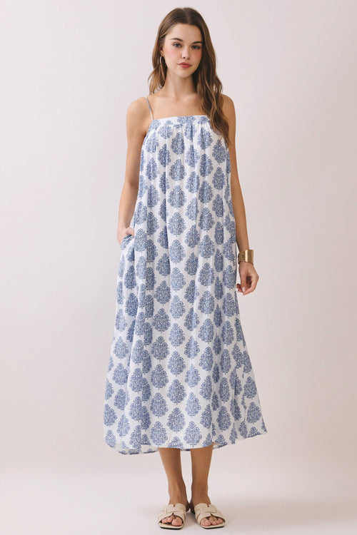 CD06741-Printed Flowy Silhouette Side Pockets Maxi Dress