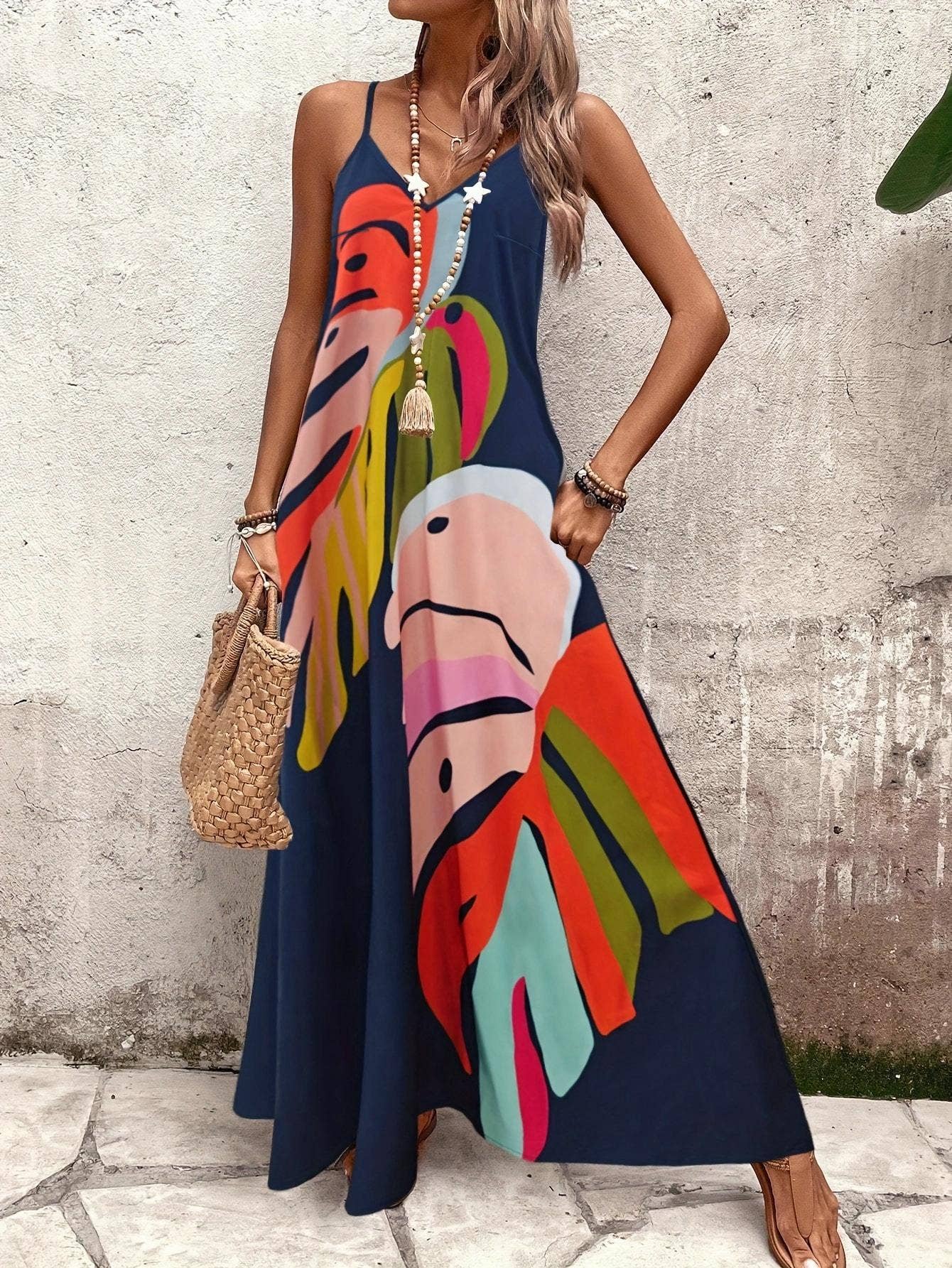 Beach Abstract Leaf Print Strap Maxi Dress