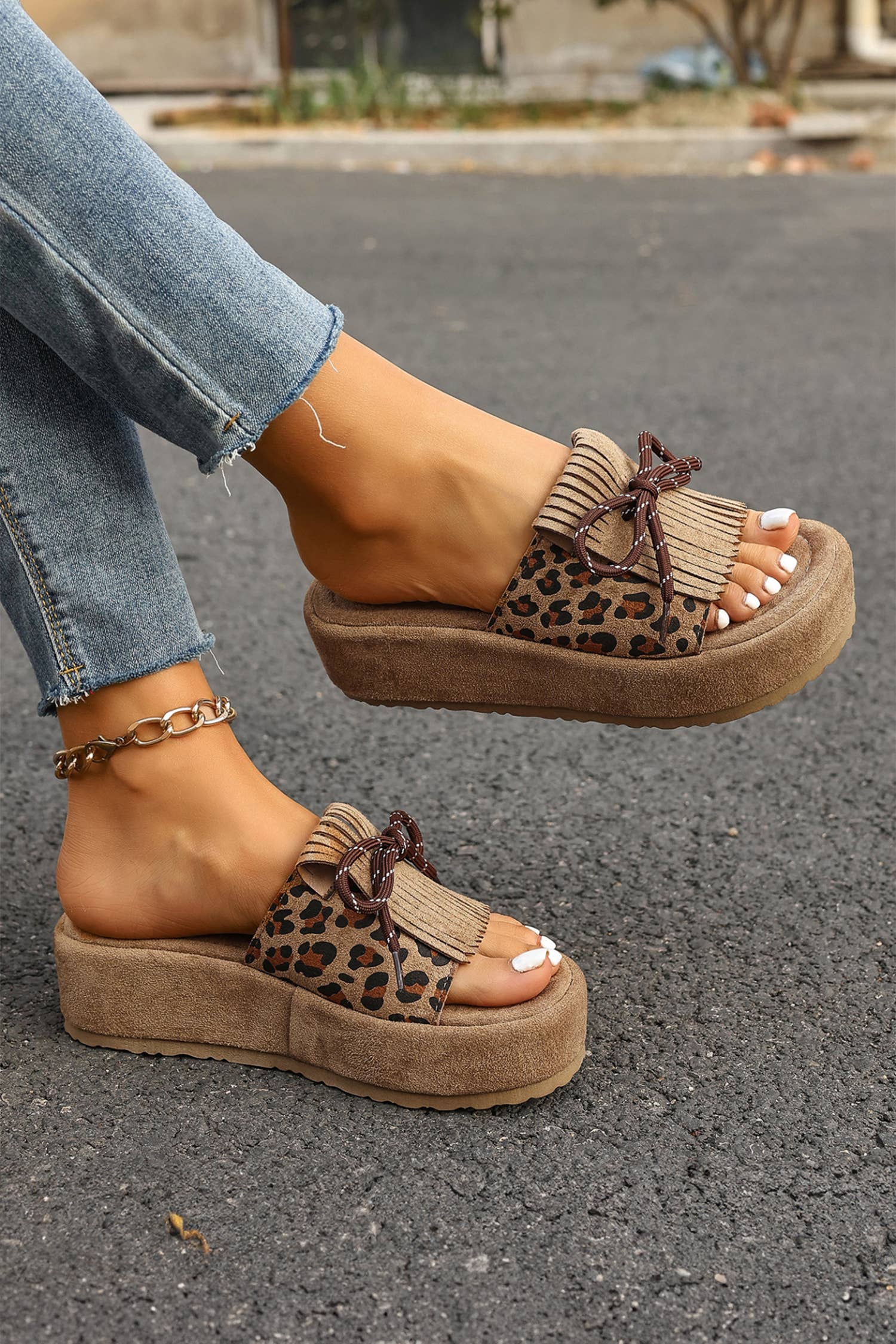 Leopard Faux Suede Lace-up Detail Platform Slippers | US6-10