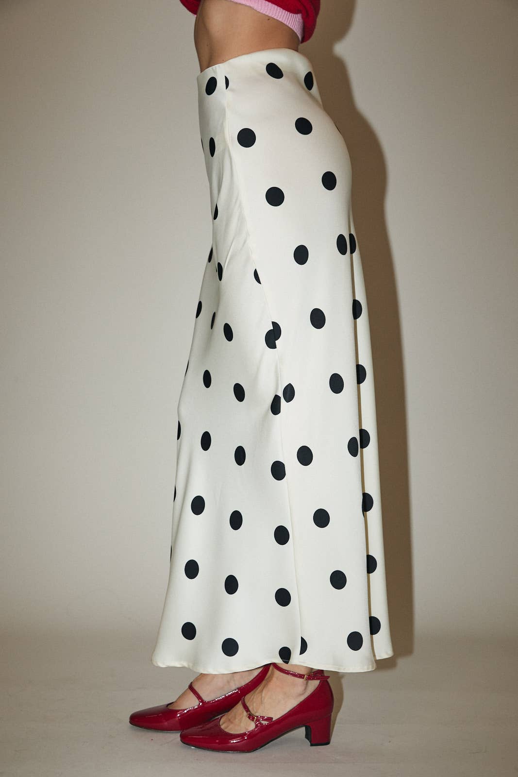 SATIN MIDI SKIRT WITH ELASTIC WAIST IN POLKA DOT