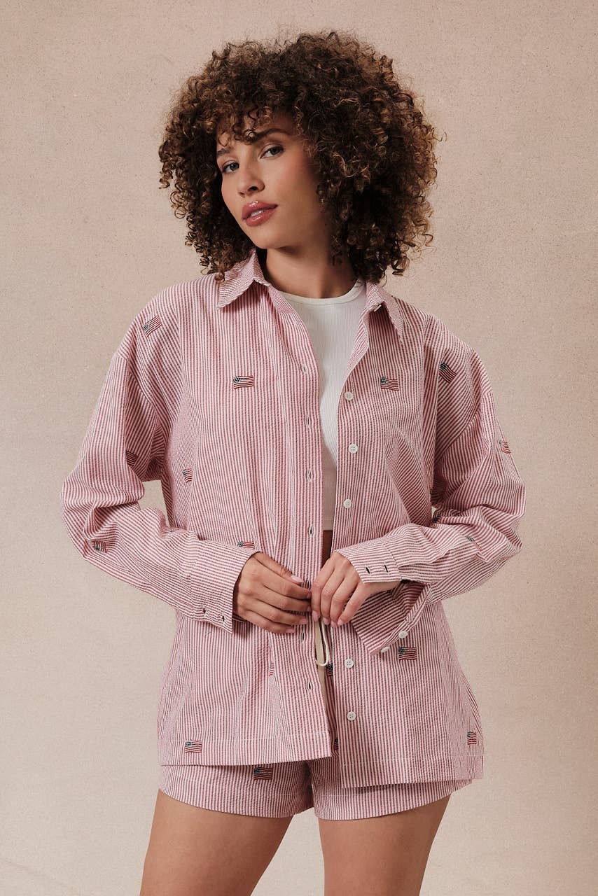 STRIPE FLAG EMBRO OVERSIZED BUTTON DOWN SHIRT