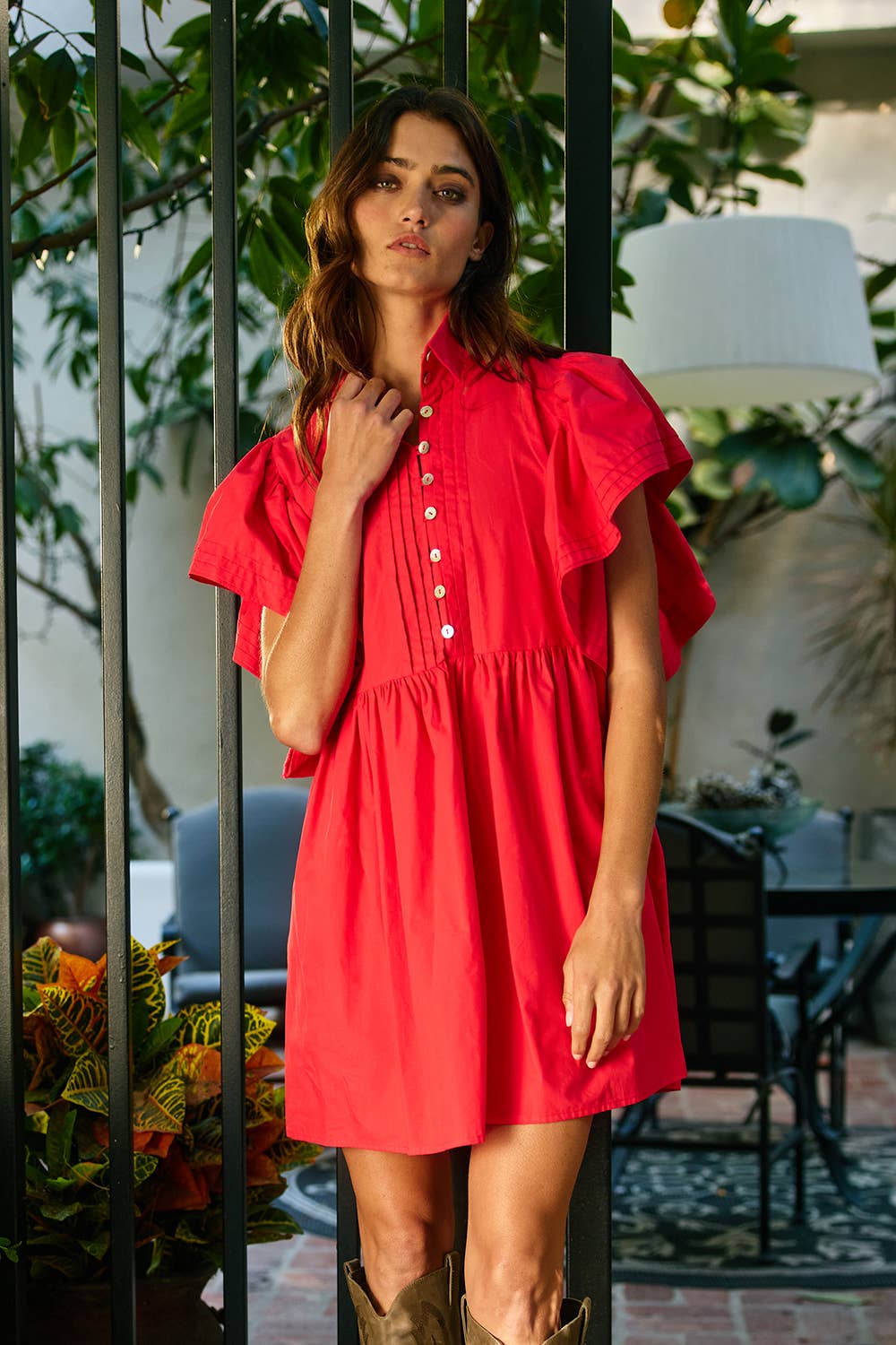 ID4283E Ruffled Sleeve Pintuck Solid Mini Dress