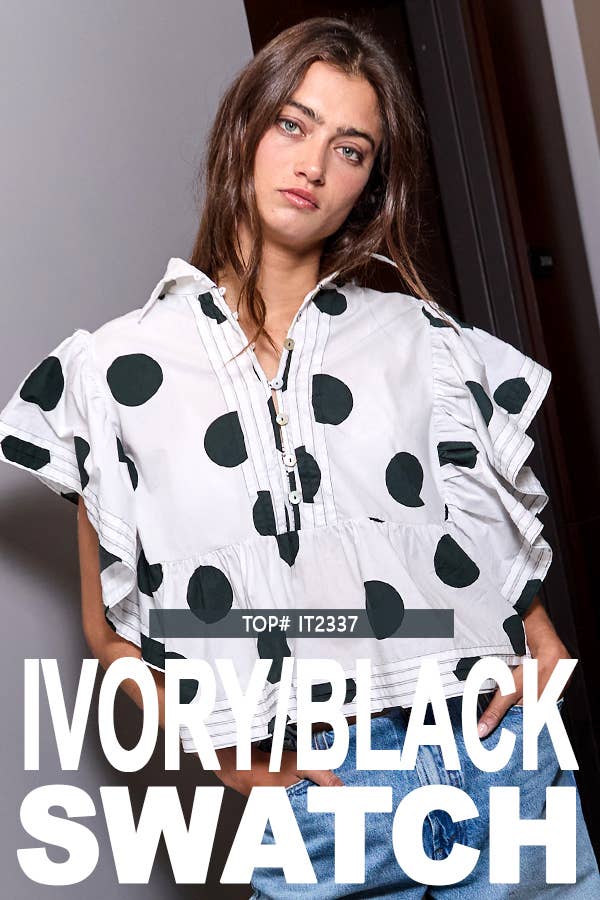 ID4283 Ruffle Sleeve Pintuck Detail Polka Dot Mini Dress