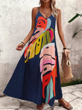 Beach Abstract Leaf Print Strap Maxi Dress