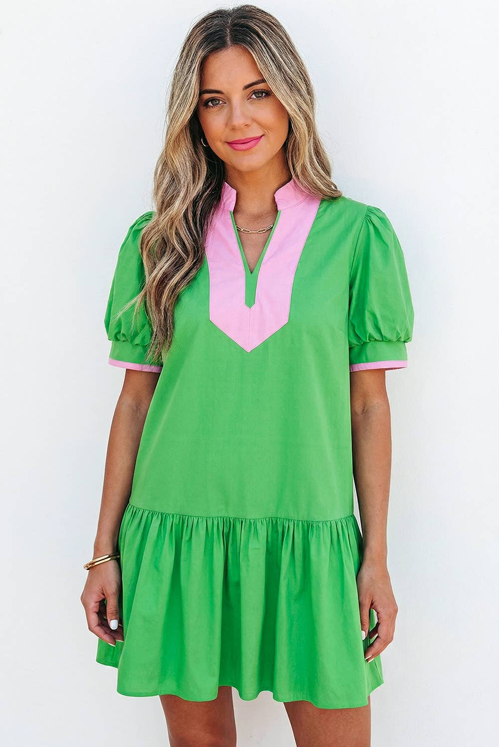 Colorblock V Neck Short Puff Sleeve Mini Dress | S-XL