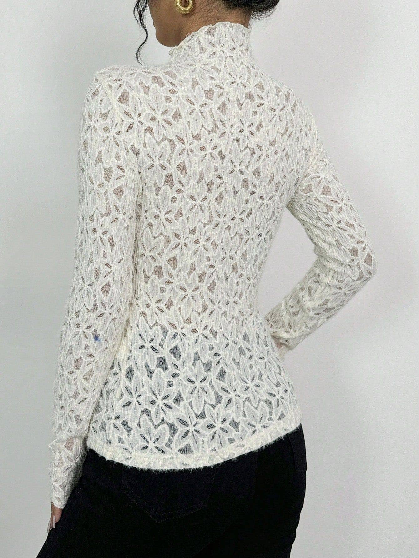 Mock-neck fit semi through lace blouse floral lace t-shirt