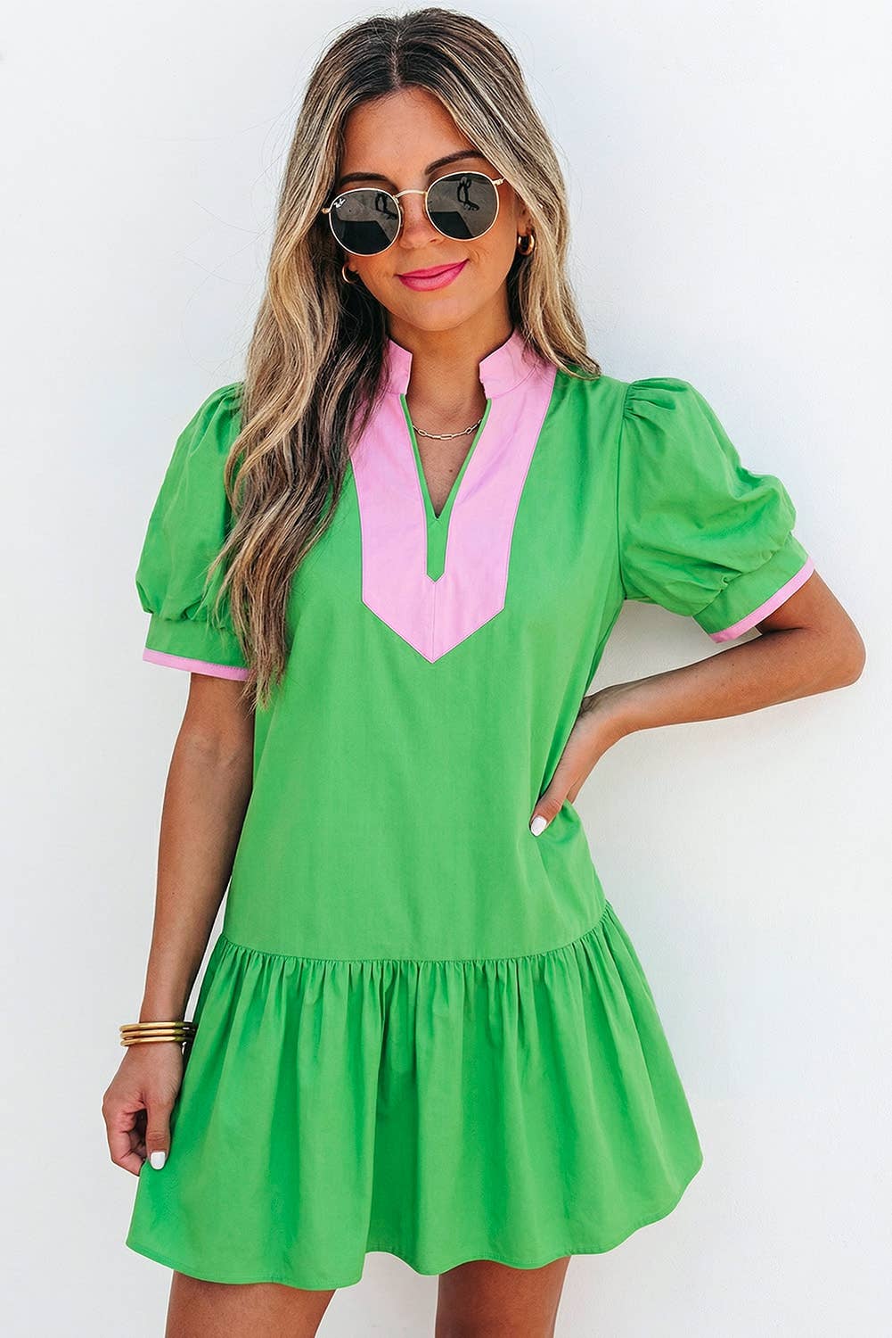 Colorblock V Neck Short Puff Sleeve Mini Dress | S-XL
