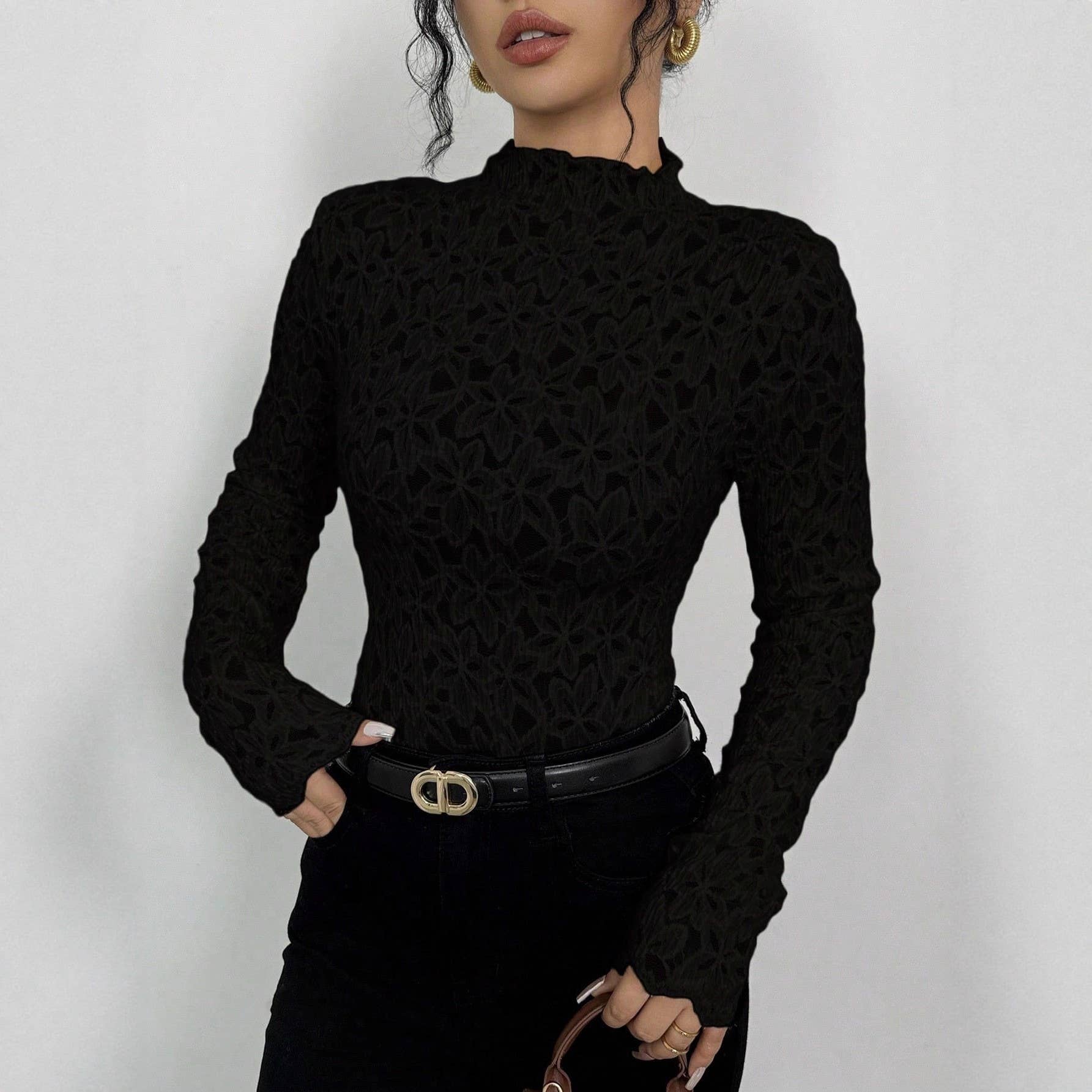 Mock-neck fit semi through lace blouse floral lace t-shirt