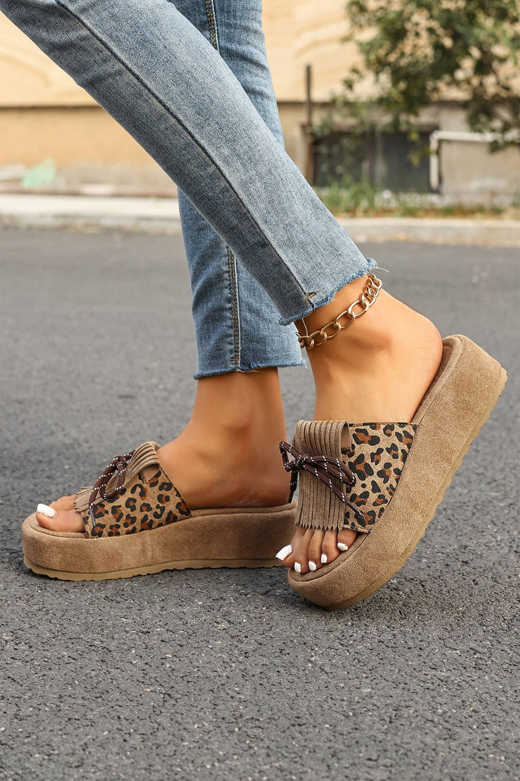 Leopard Faux Suede Lace-up Detail Platform Slippers | US6-10