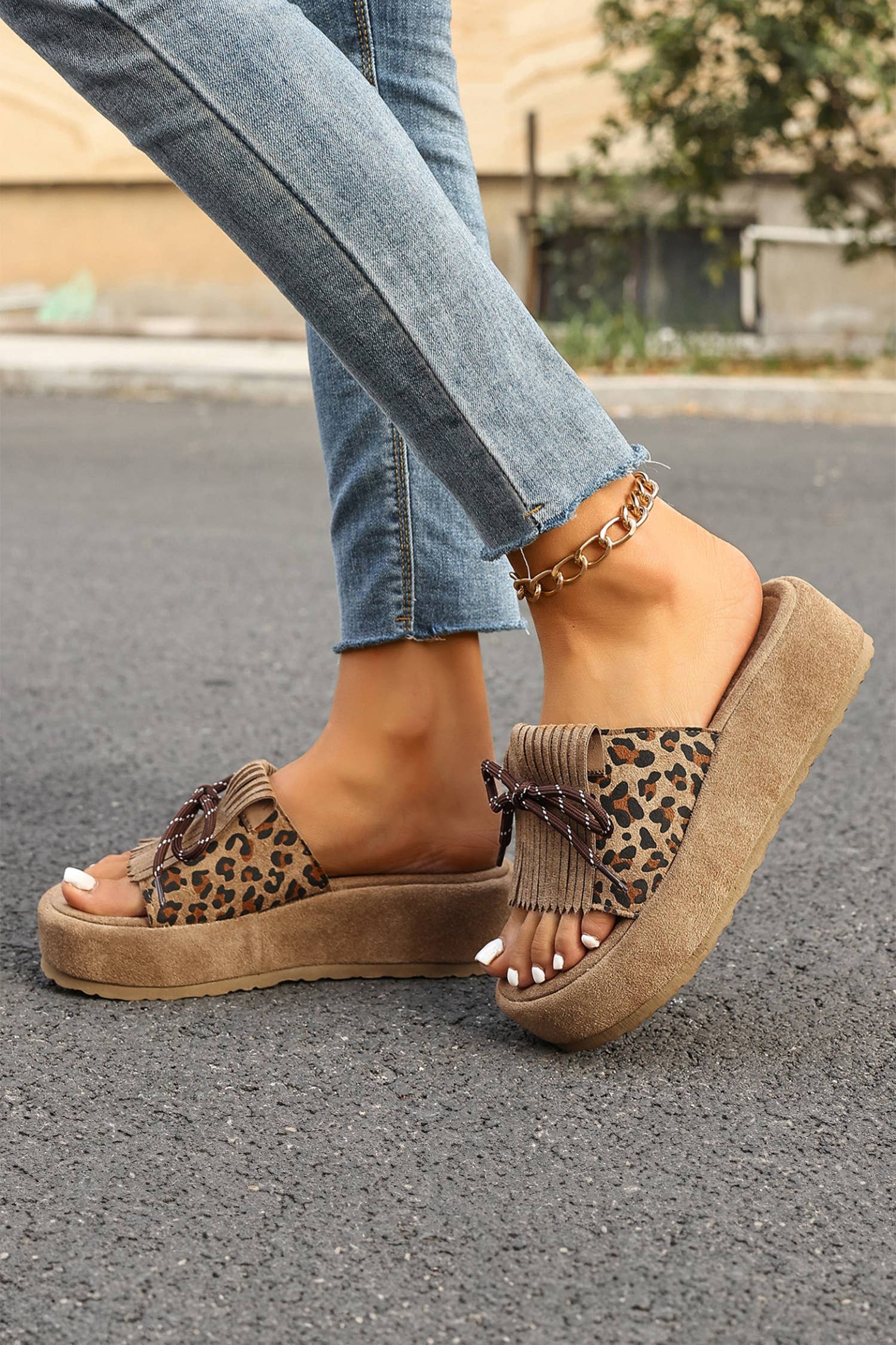 Leopard Faux Suede Lace-up Detail Platform Slippers | US6-10