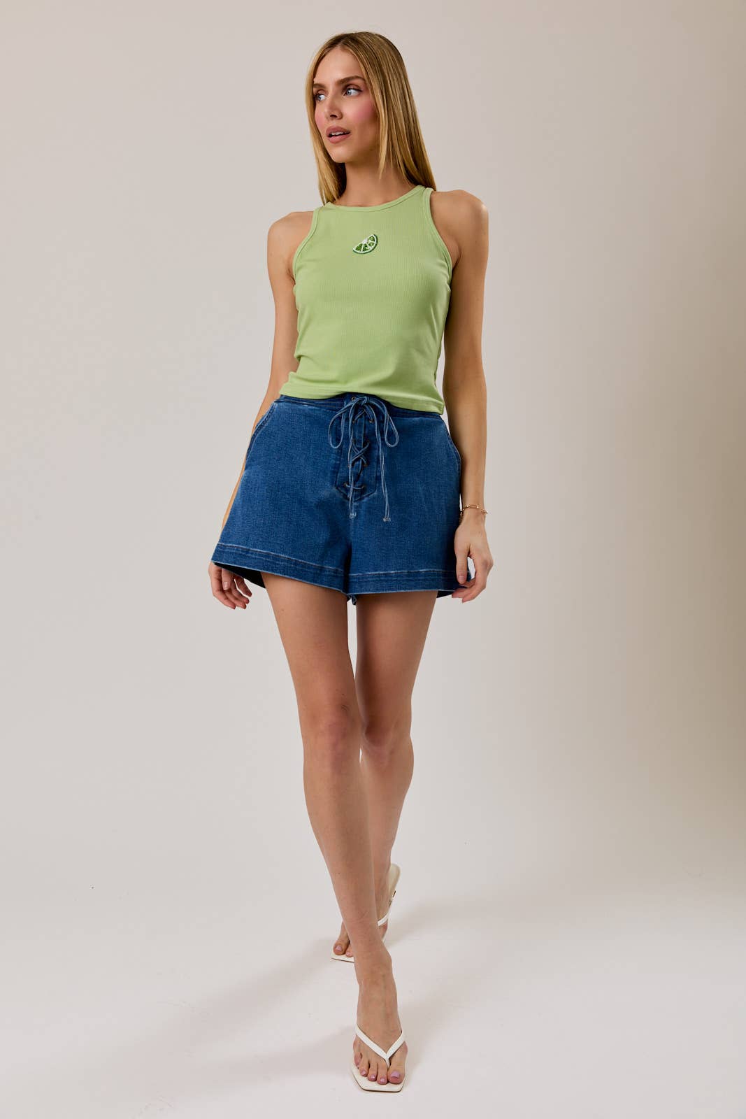 DENIM LACE-UP SHORTS W. ELASTIC WAISTBAND