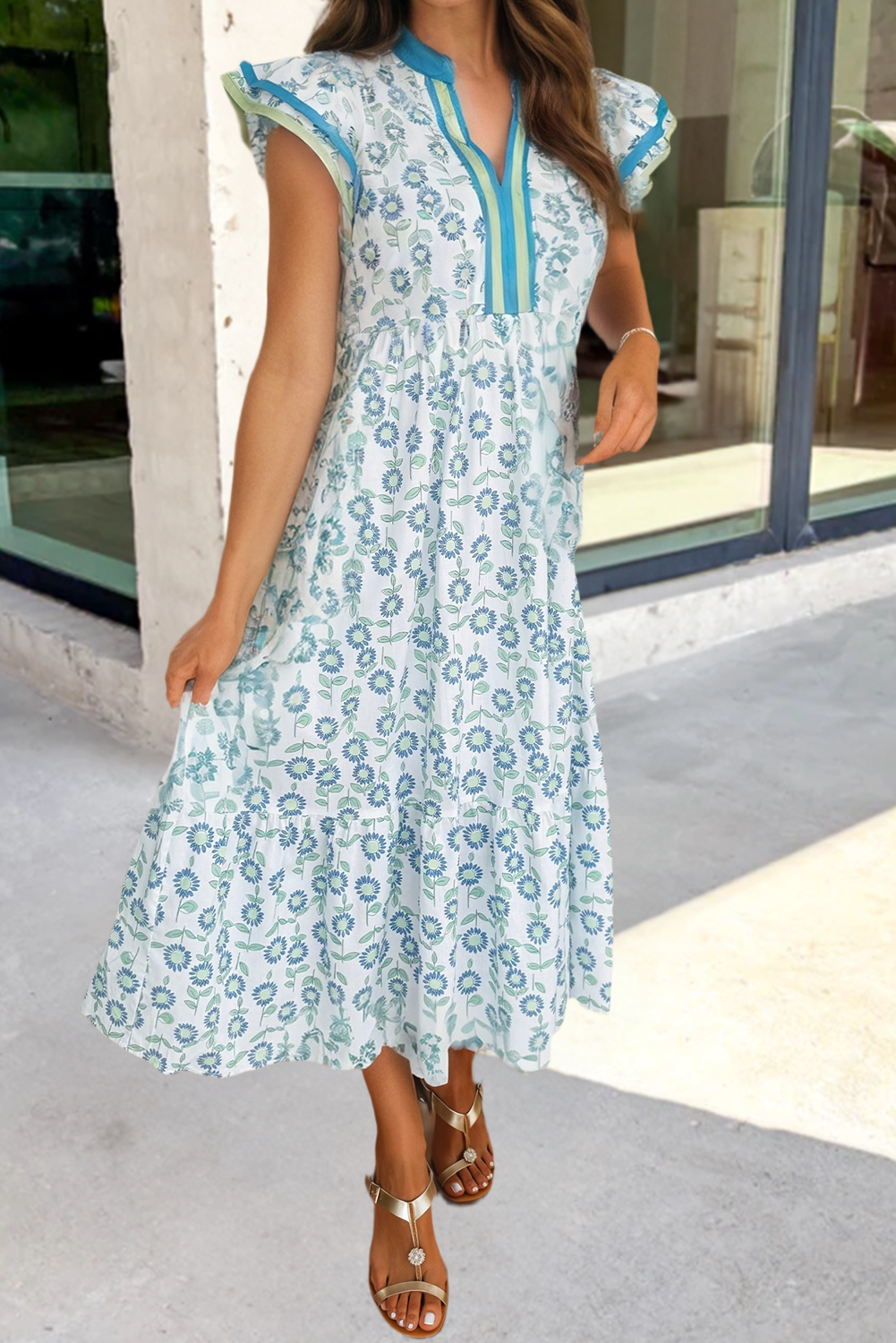 Floral Striped Patchwork Trim Maxi Dress | S-XL
