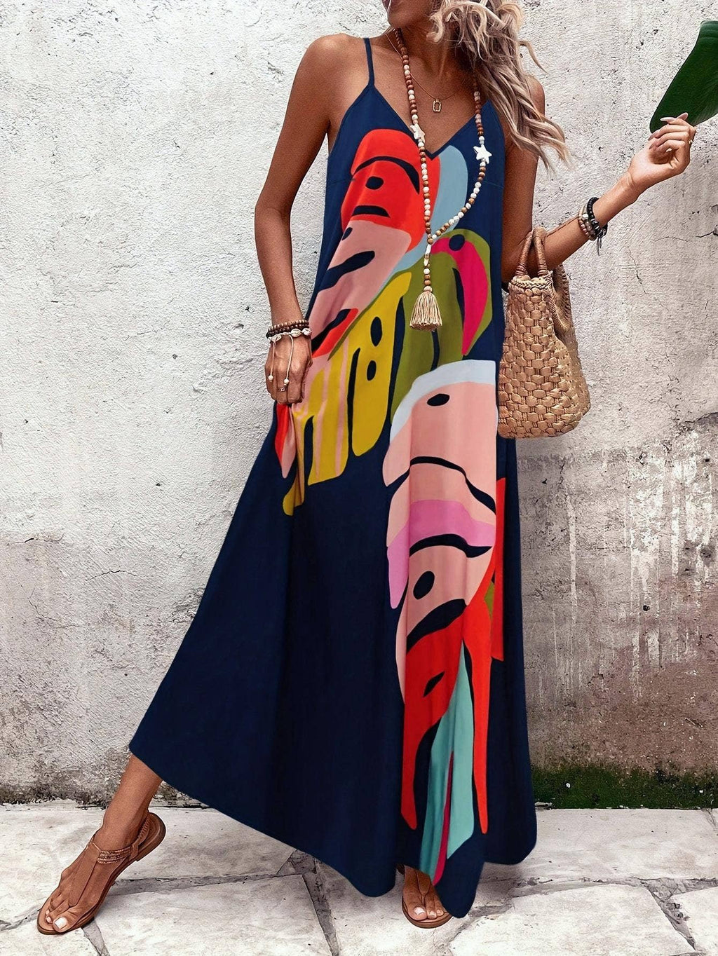 Beach Abstract Leaf Print Strap Maxi Dress
