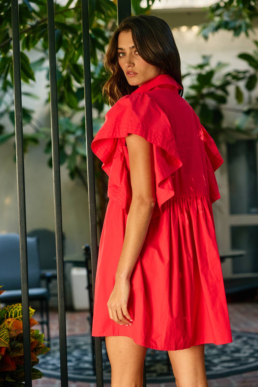 ID4283E Ruffled Sleeve Pintuck Solid Mini Dress