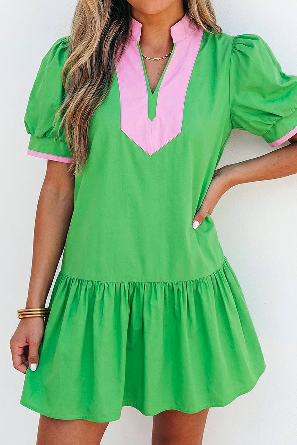 Colorblock V Neck Short Puff Sleeve Mini Dress | S-XL