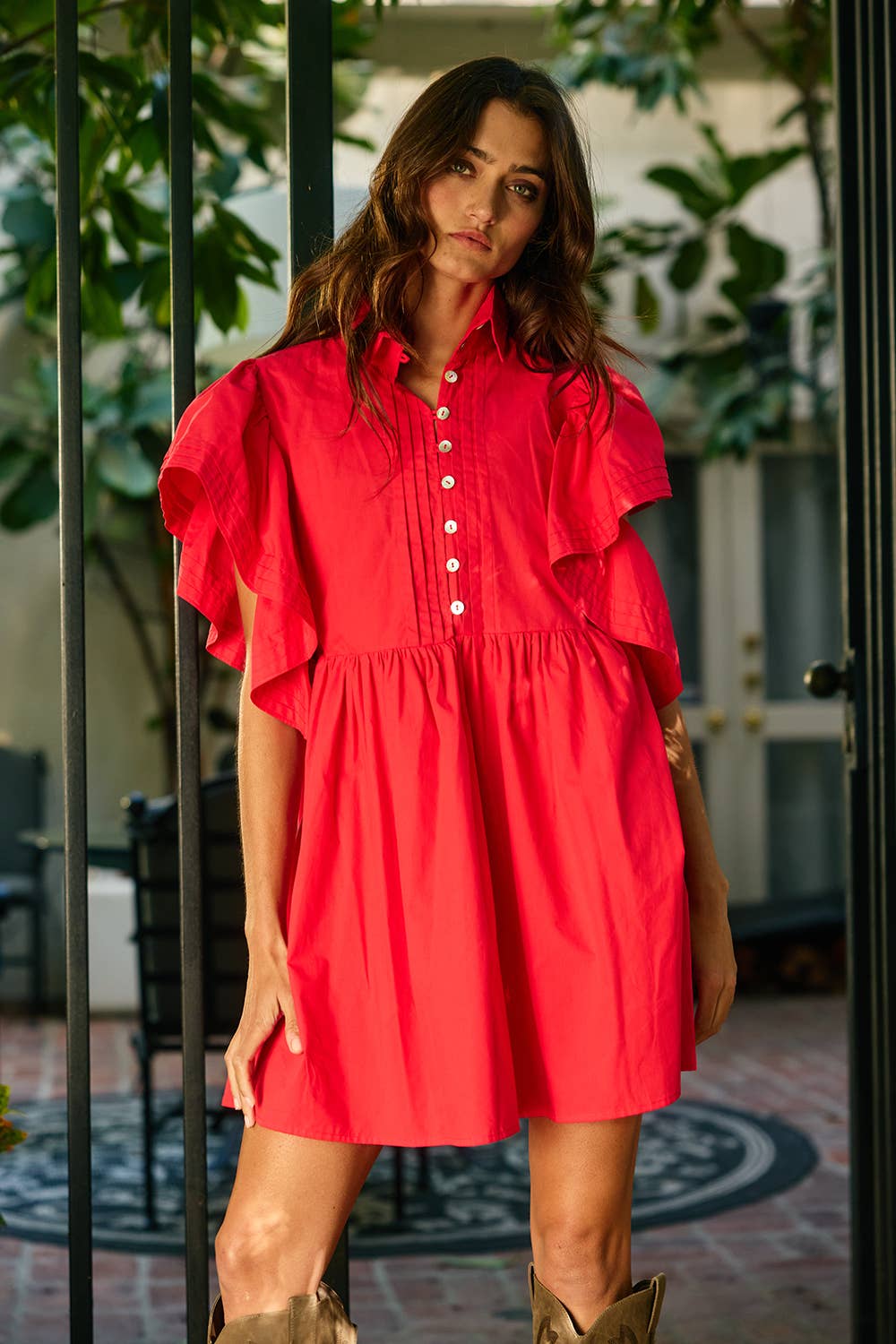 ID4283E Ruffled Sleeve Pintuck Solid Mini Dress