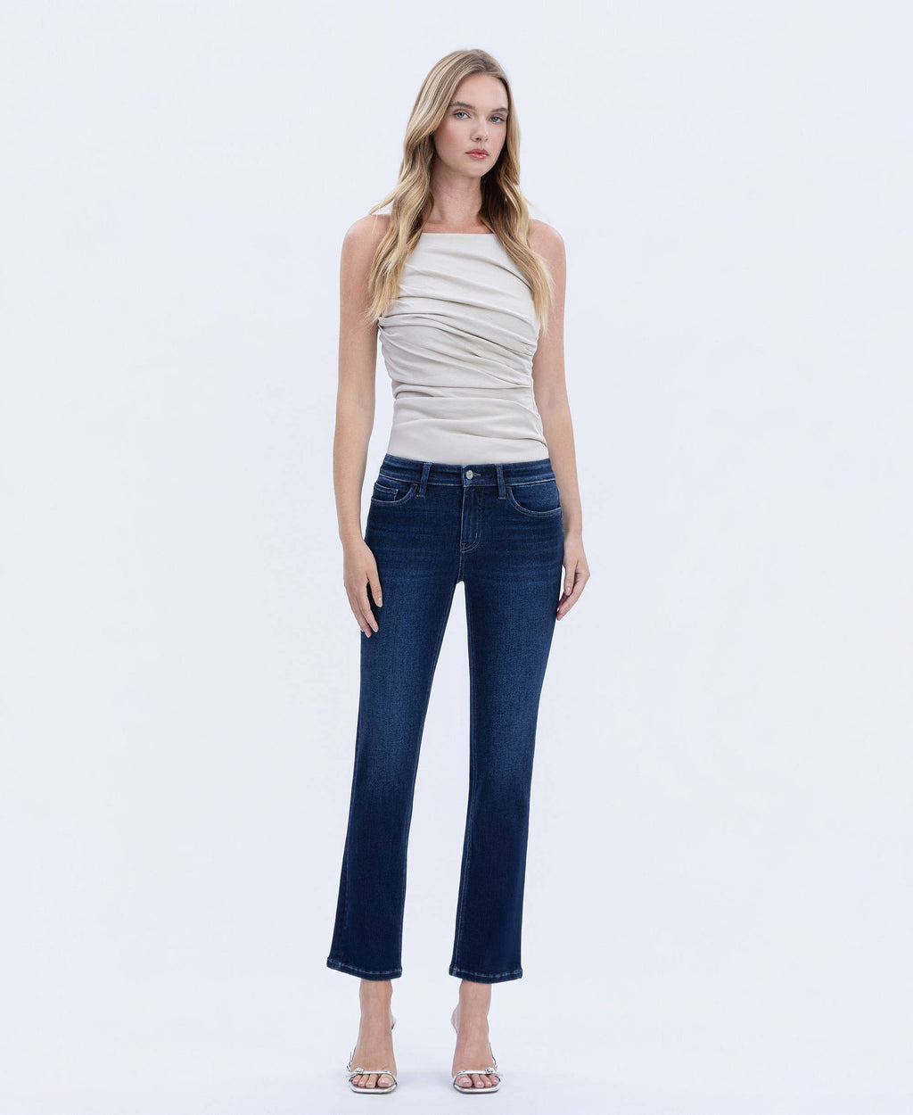 MID RISE DARK WASH ANKLE SLIM STRAIGHT JEANS T6998