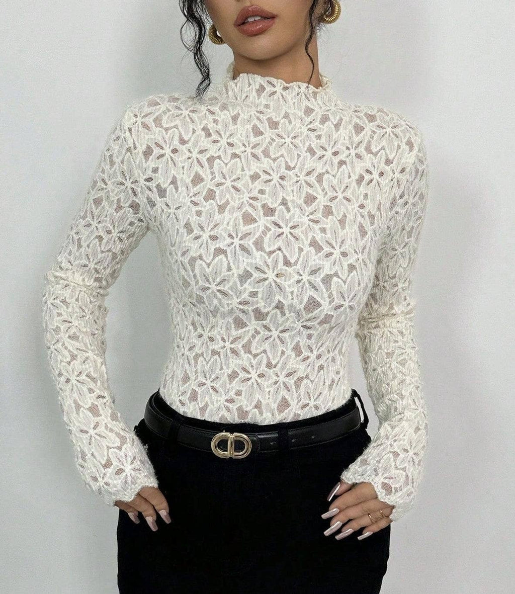 Mock-neck fit semi through lace blouse floral lace t-shirt